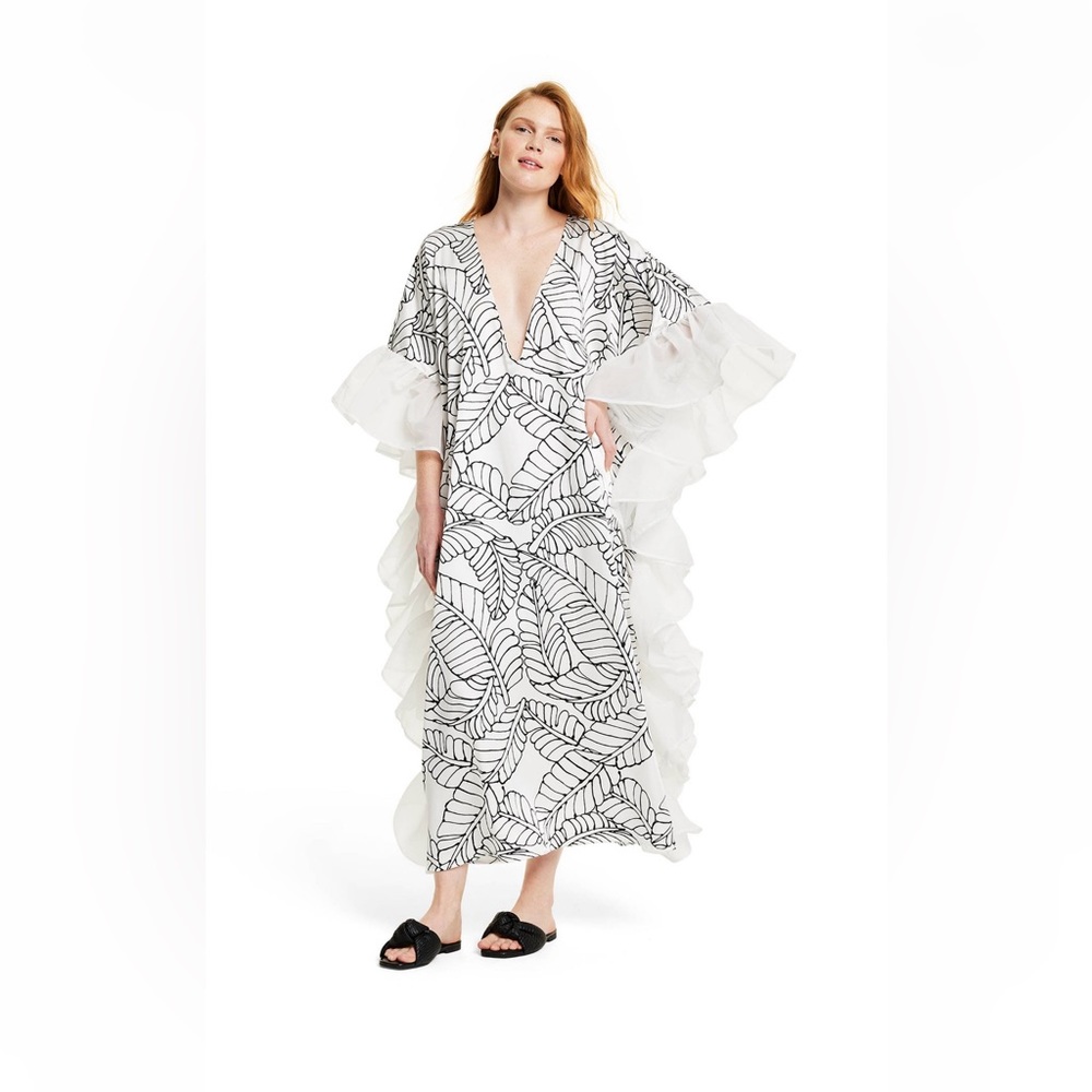 Sketch Palm Leaf Print Ruffle Trim Cover Up Kaftan Dress - Fe Noel x Target